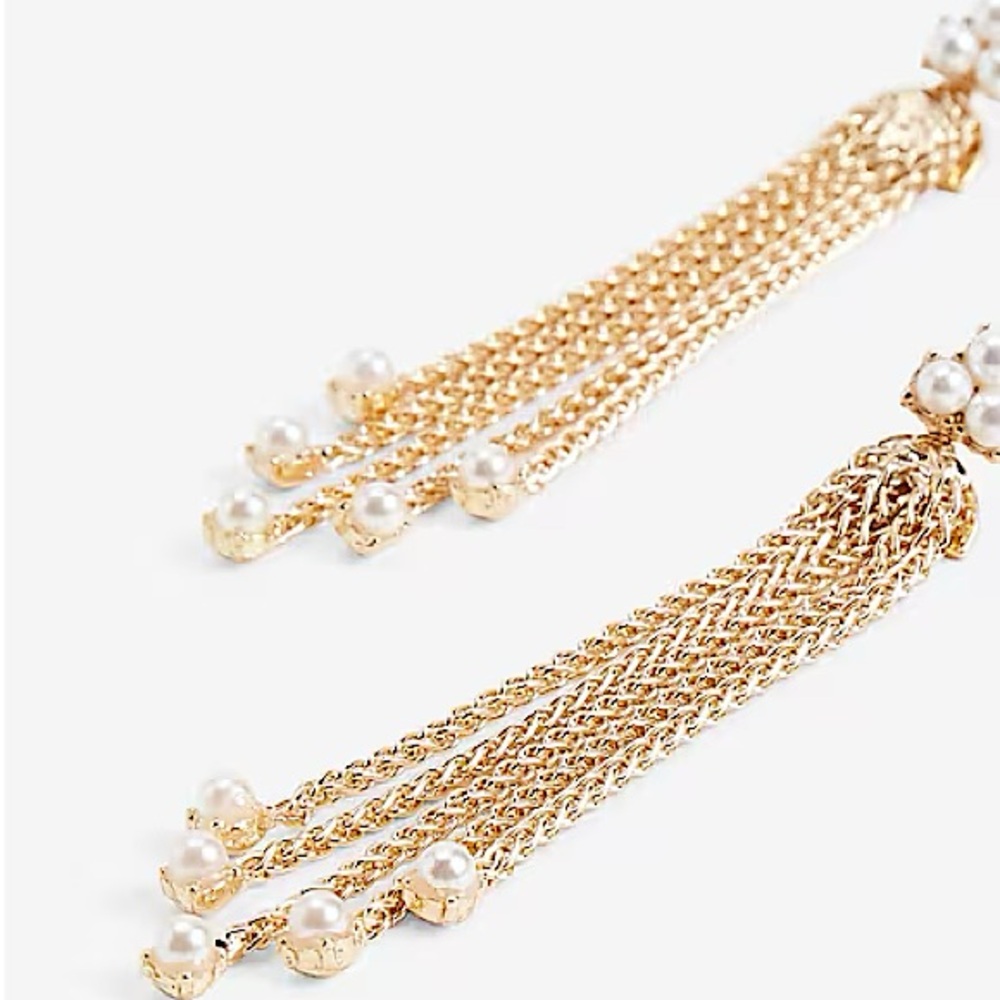 Express💫Gold Long Tassle Pearl Accented Chain Drop Statement Earrings - Picture 2 of 2